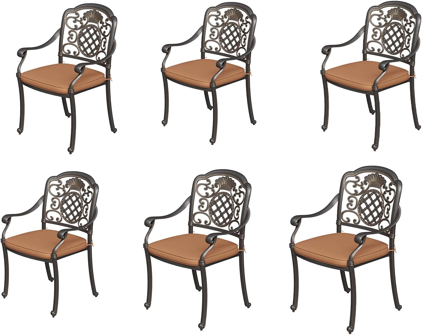 6 Piece Patio Dining Chairs with Cushions, Outdoor All-Weather Cast Aluminum Chairs, Patio Bistro Dining Chair Set of 6 for Garden Deck Backyard, Dark Bronze