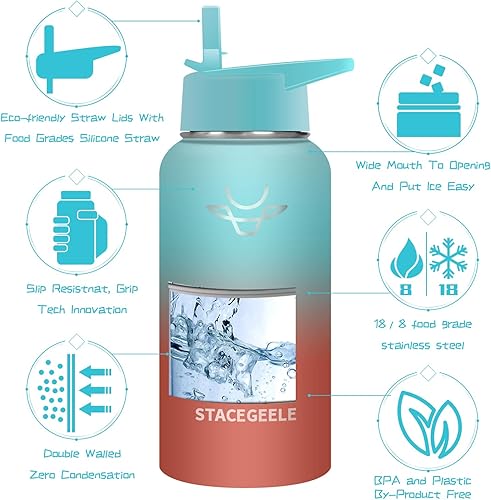 Miniatura 3 de STACEGEELE Botella de agua aislada al vacío con tapa de boquilla y rosca en la parte superior, termo de acero inoxidable para niños, a prueba de