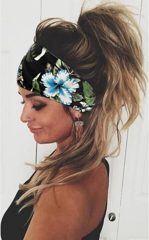 Boho Headbands For Women Fashion Stretch Wide Hair Bands Knoted Turban Head Bands Yoga Running Sweatband Elastic Headband Stylish Wrap Headbands Hair Accessories for Teen Girls 4 Pack