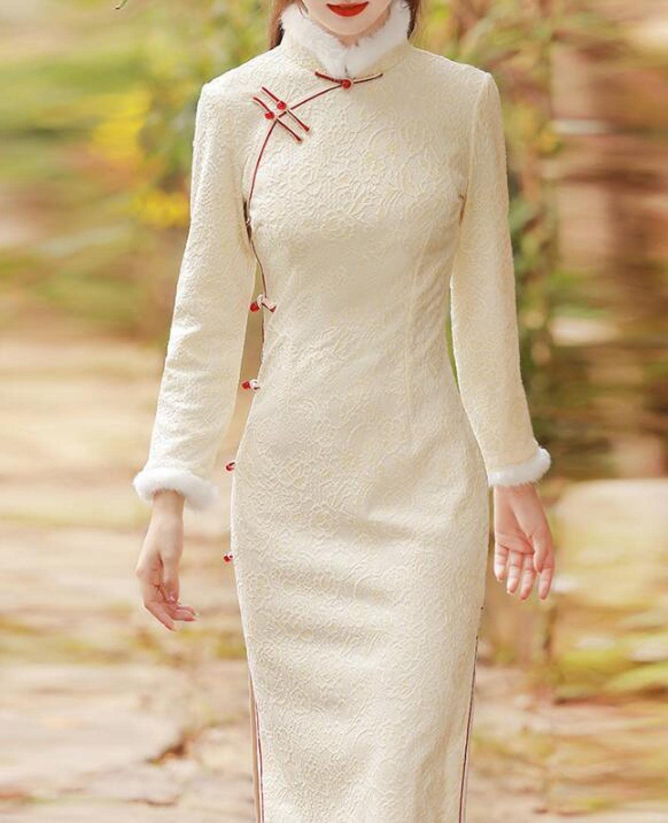 Abito Cheongsam Cinese da Donna - Elegante Tradizionale Cheongsam Velluto Invernale Donne Calde Ispessite Vestiti Ricamati Maniche Lunghe Qipao Slim Dress di Media Lunghezza