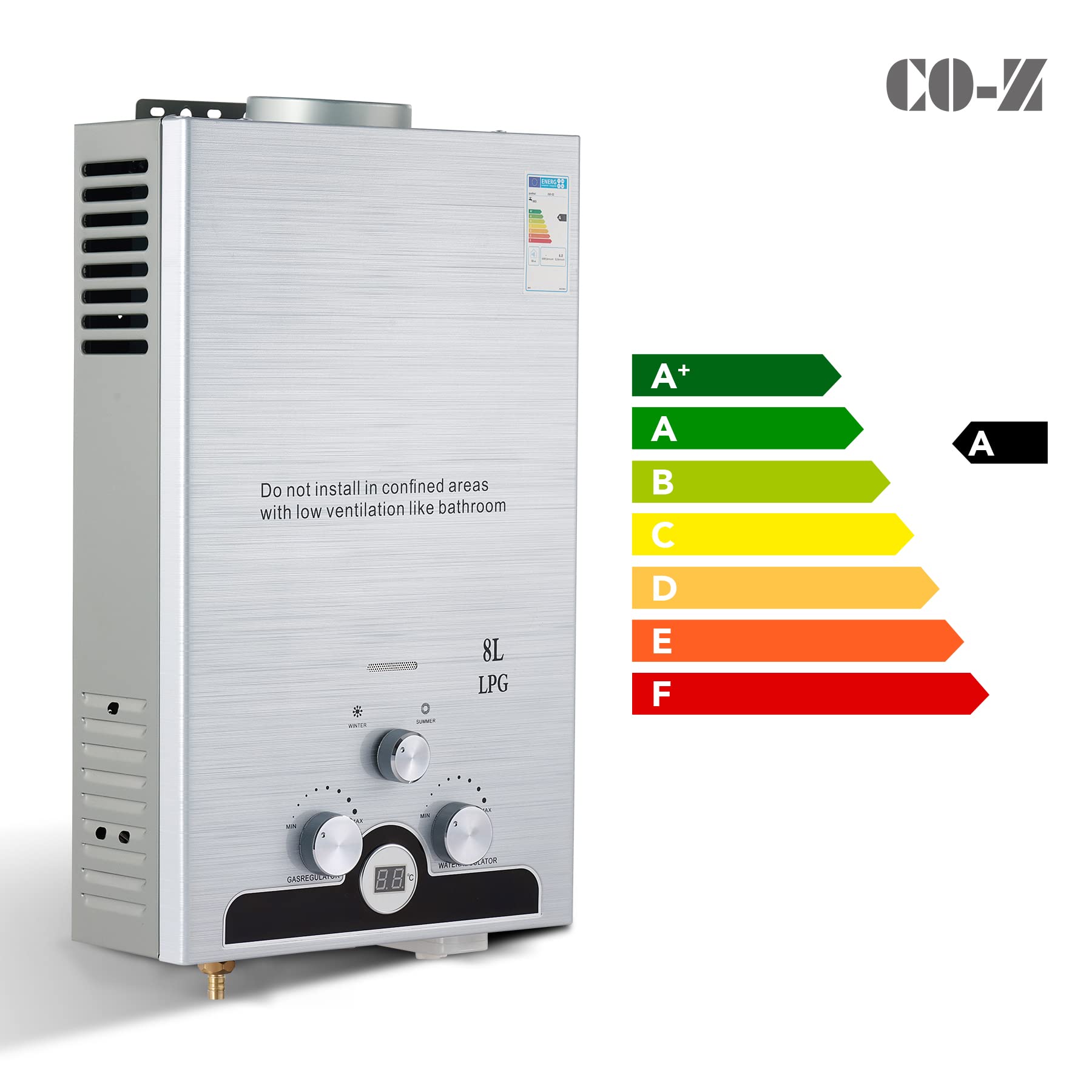 CO-Z 8L Calentador de Agua Butano Calentador de Agua LPG Instantáneo, Certificado CE, Calentador de Agua de Gas Licuado de Petróleo sin Tanque