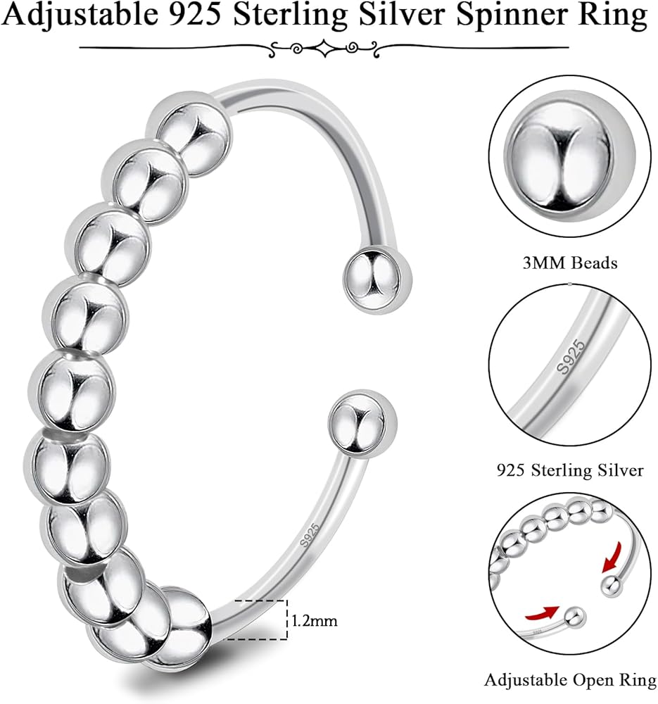 E0BF Anello Antiansia Con Perline Anello Mobile Per Corridore Per Alleviare L'ansia Gioielli Anello Preoccupazione - Foto 3