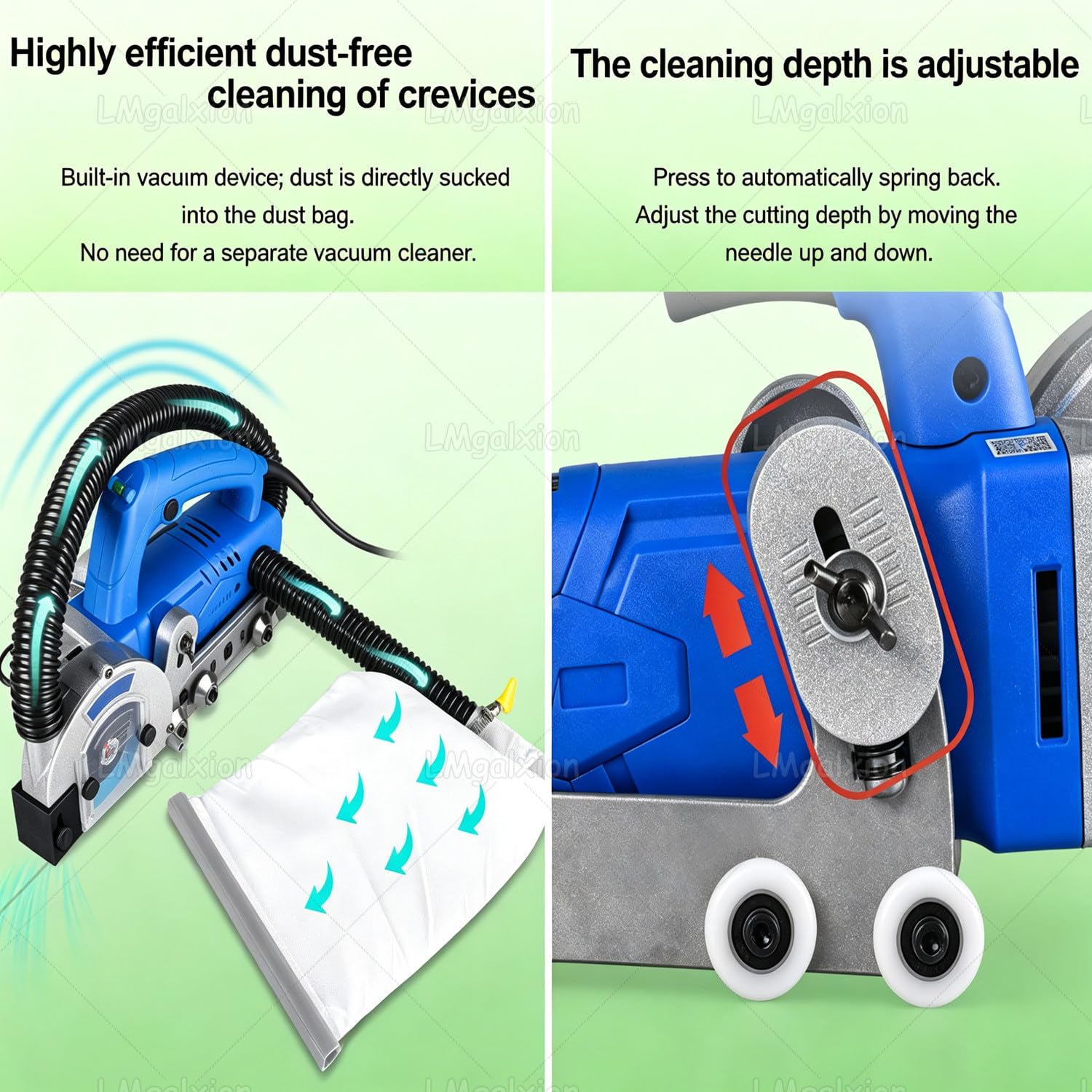 Set Completo per La Pulizia Elettrica delle Fughe:Motore Potente da 1200w,Sacco di Raccolta Polvere Integrato,Lama da 100 Mm per Fughe da 1,5-2 Mm E profondità Regolabile Standard