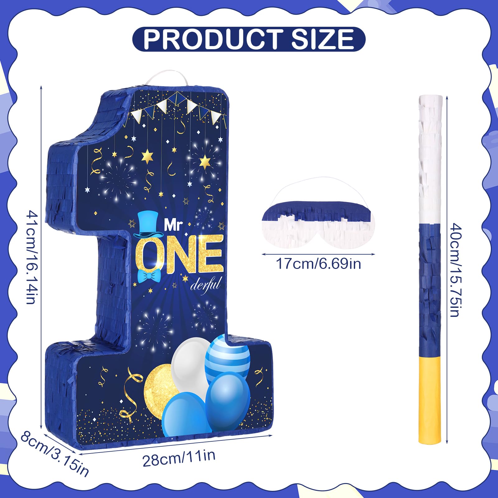 Mr. Onederful Piñata Number 1 Piñata for 1st Birthday Party Decorations Navy Blue Gold One Birthday Piñata with Blindfold Mask Stick Confetti for Boys Little Man First Birthday Party Supplies Favors