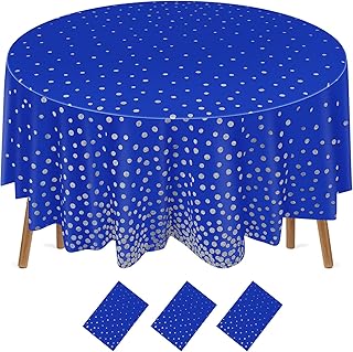 Newwiee 3 Pcs Round Dot Tablecloth 84 Inch Plastic Table Cover Confetti Tablecloths for Valentine's Day Wedding Bridal Shower Birthday Graduation Grad Spring Party Decor (Blue and Silver Dots)