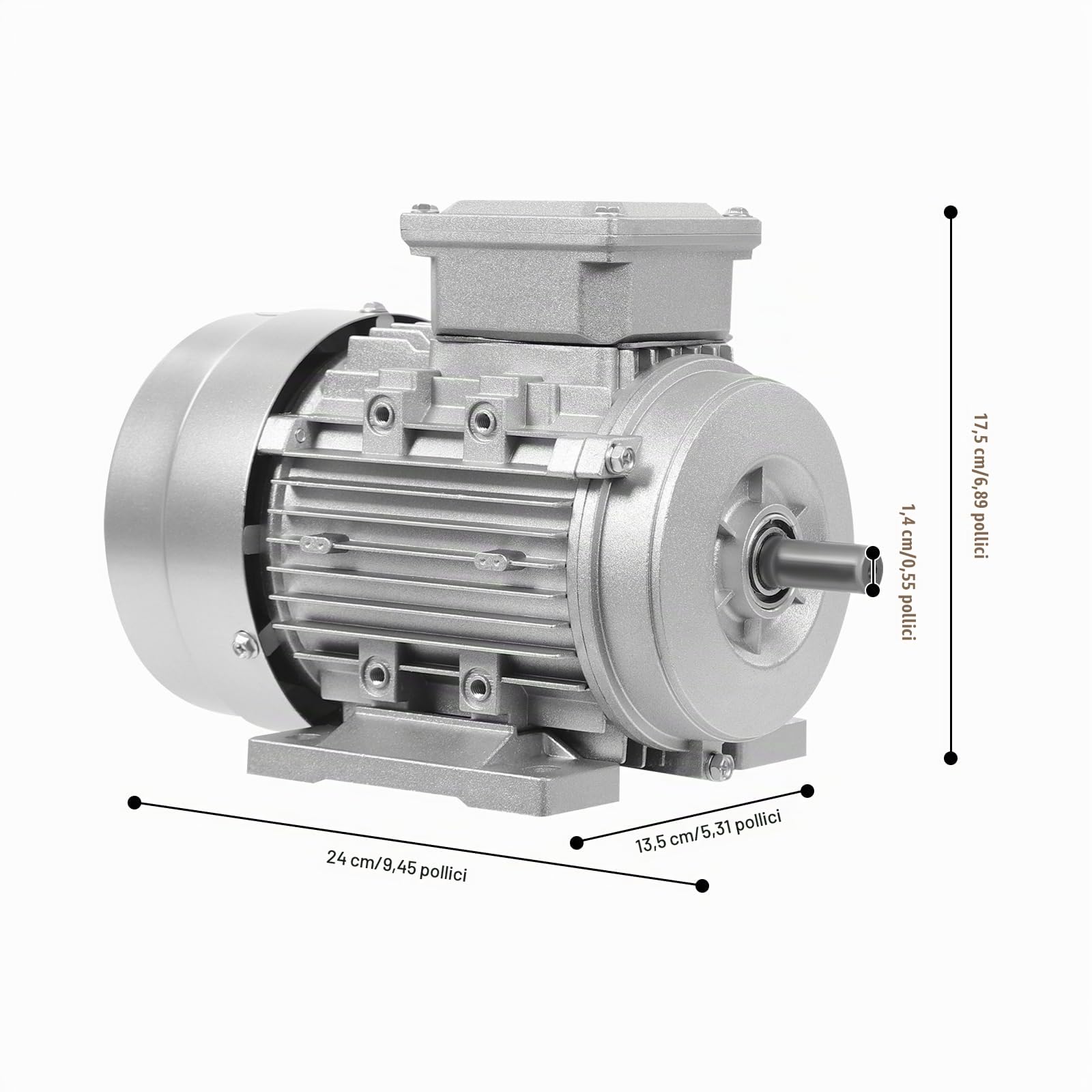 Motore elettrico, motore 230/400 V, 0,55 KW, diametro gambo 14 mm, classe di protezione IP55, motore asincrono trifase per macchine, 24 x 13,5 x 17,5 cm