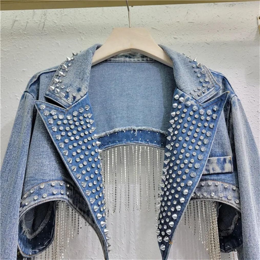 Women's Rhinestones Tassels Rivets Short Denim Jacket Lapel Cocktail Party Denim Jackets