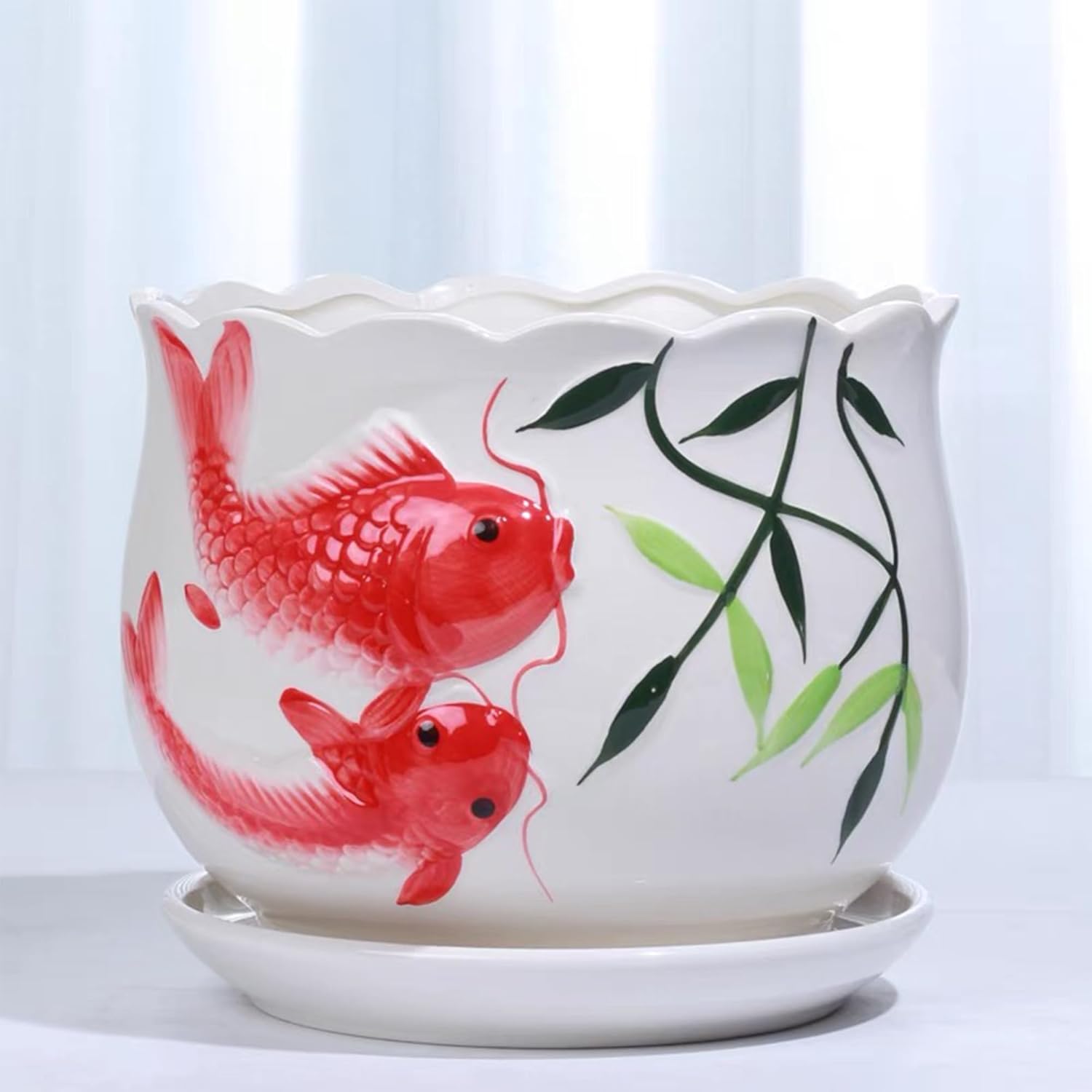 Ceramic Pots for Plants: Plant Pots Indoor with Drainage Holes and Saucers, 2025 New Chinese Style Decorative Planter, with Goldfish and Plant Pattern, Cute Small Decorative Flower Pot