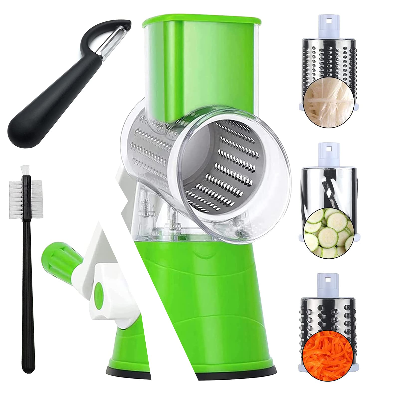 Esmartlife Manual Rotary Cheese Grater - Cheese Shredder Vegetable Slicer Shredder Grater for Kitchen 3 Replaceable Drum Blades and Peeler Cleaning Brush（Green）