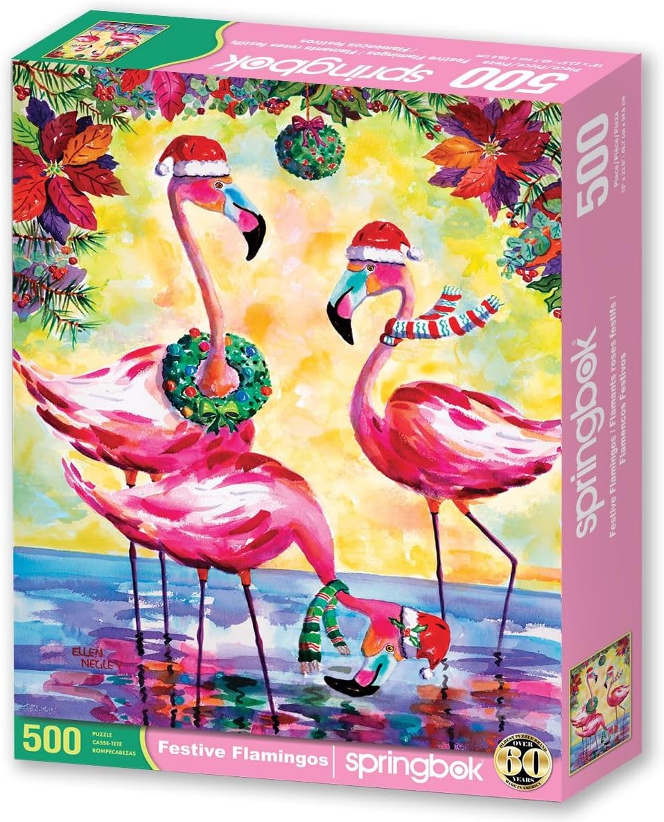 Springbok Festive Flamingos 500 Piece Jigsaw Puzzle for Adults and Family - Colorful Coastal Holiday Puzzle - Unique Cut Pieces - Made in USA
