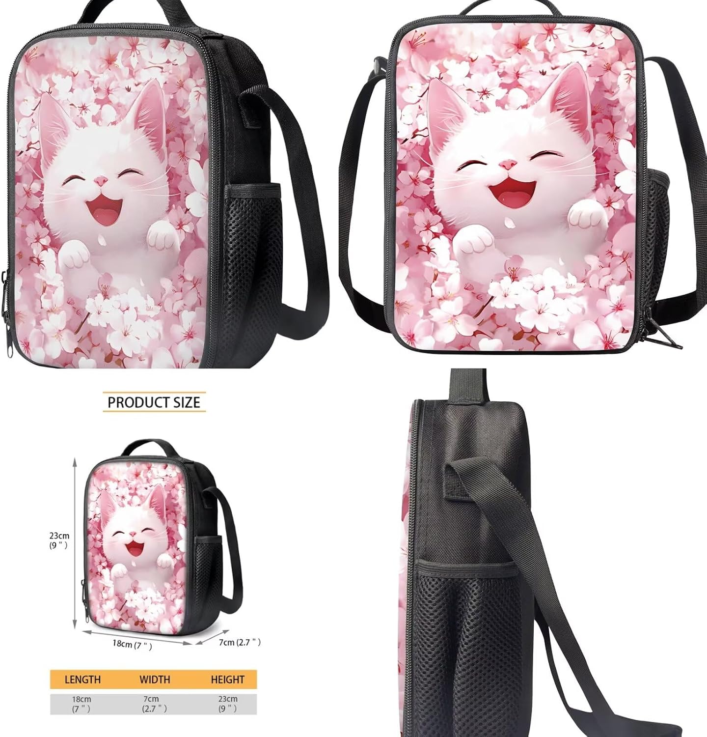 Pink Floral Cat Backpack for Girls Elementary School Cool Kids Bookbag Ages 10-12 Casual Travel School Bags Lightweight School Backpacks with Lunch Bag and Water Bottle Cover Set of 4