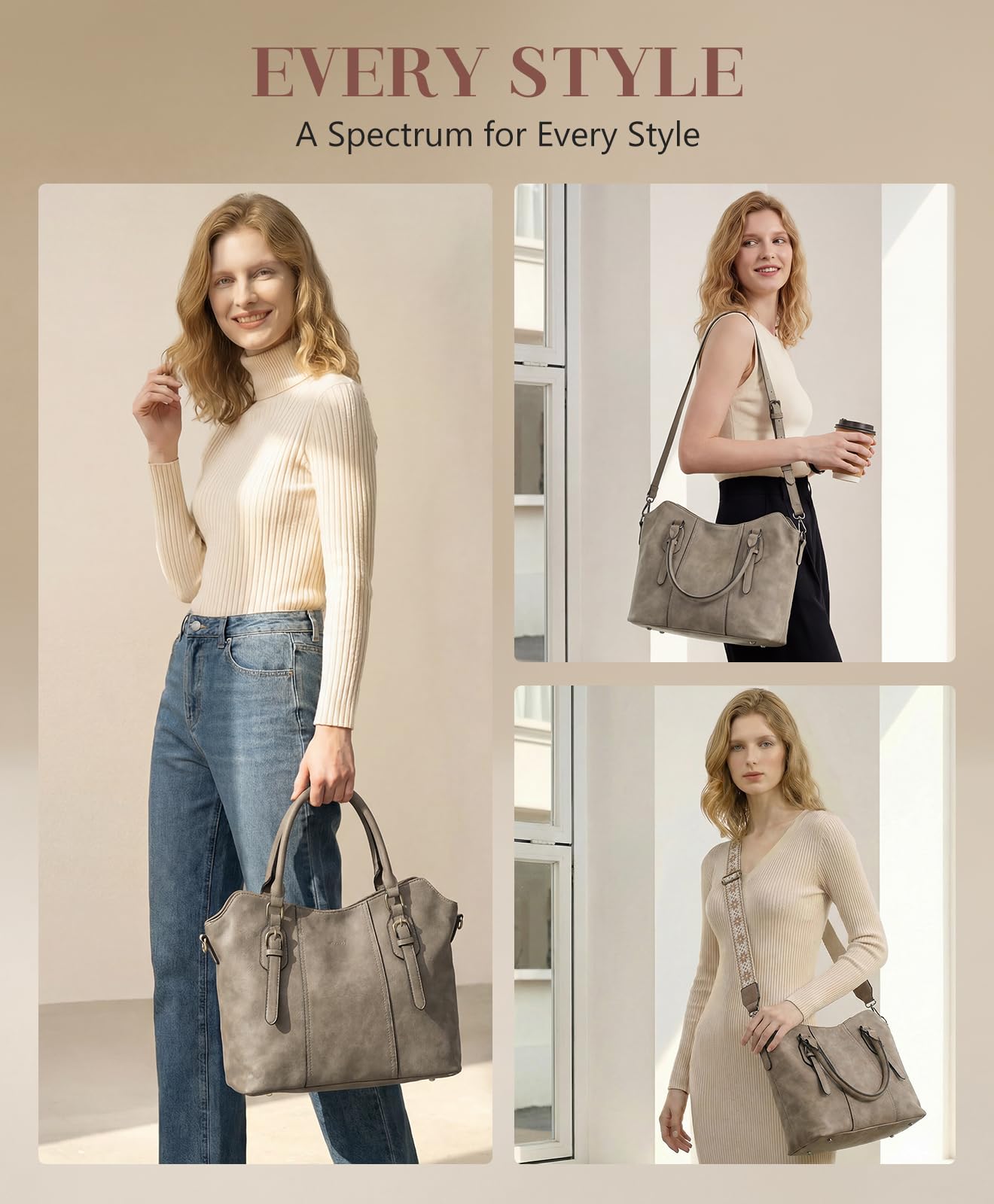 VASCHY Grand Sac à Main Femme en Cuir PU, Sac Fourre Tout Pratique avec Bandoulière de Guitare pour Cours Travail Voyage Cadeau