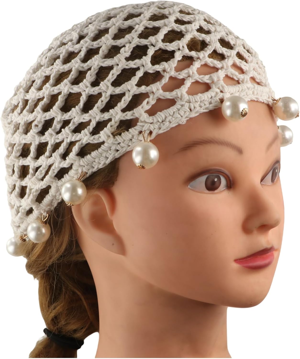 Women's Cotton Crochet Skull Cap - Handmade Knit Cutout Beanie, Hollow Out Ethnic Style Summer Hat, Vintage White - Image 5