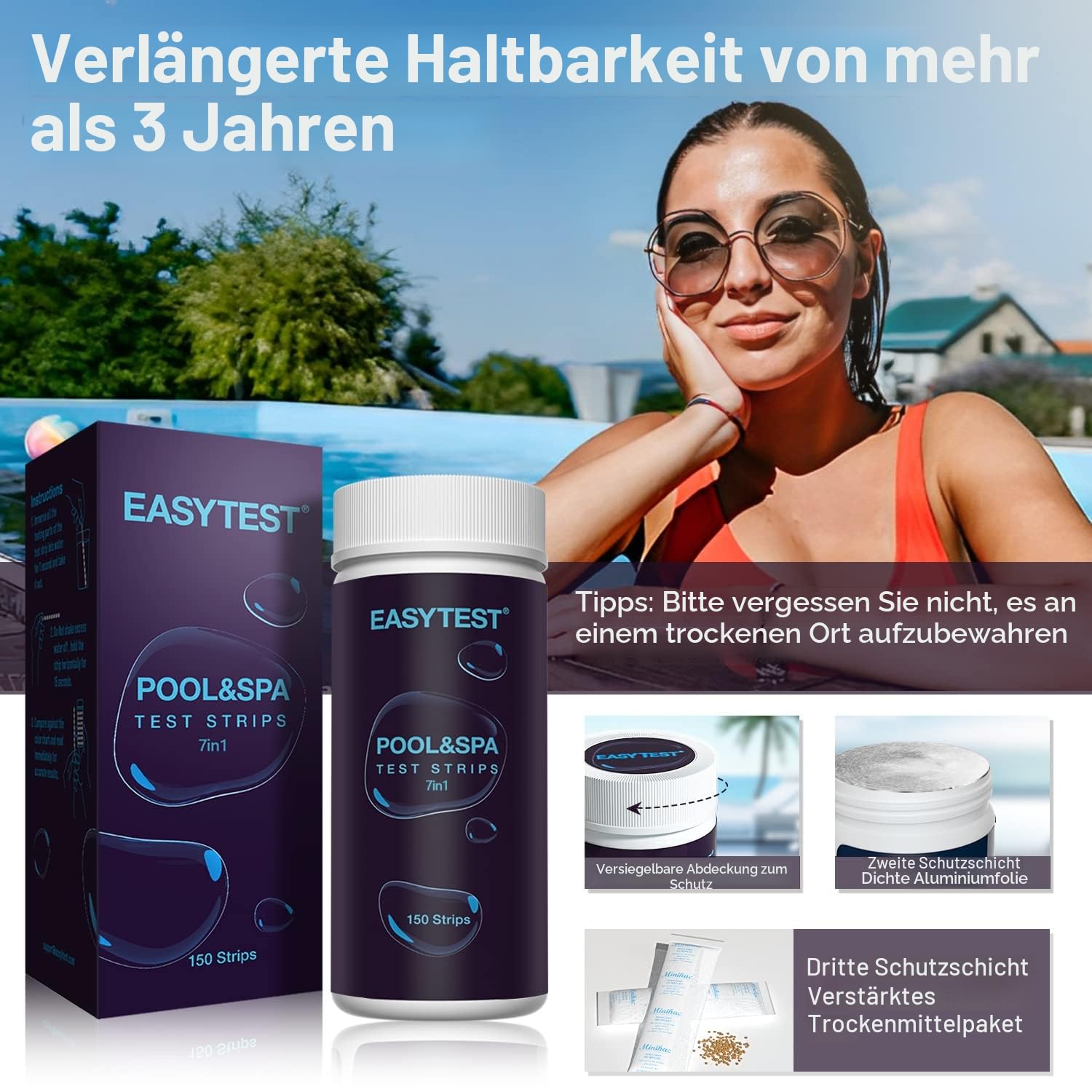EASYTEST 7 IN 1 Pool Teststreifen für Pools und Spas - 150 - pH, Brom, Gesamtalkalinität, freies Chlor, Gesamthärte, Cyanursäure, Gesamtchlorprüfung mit schnellem und genauen Ergebnissen