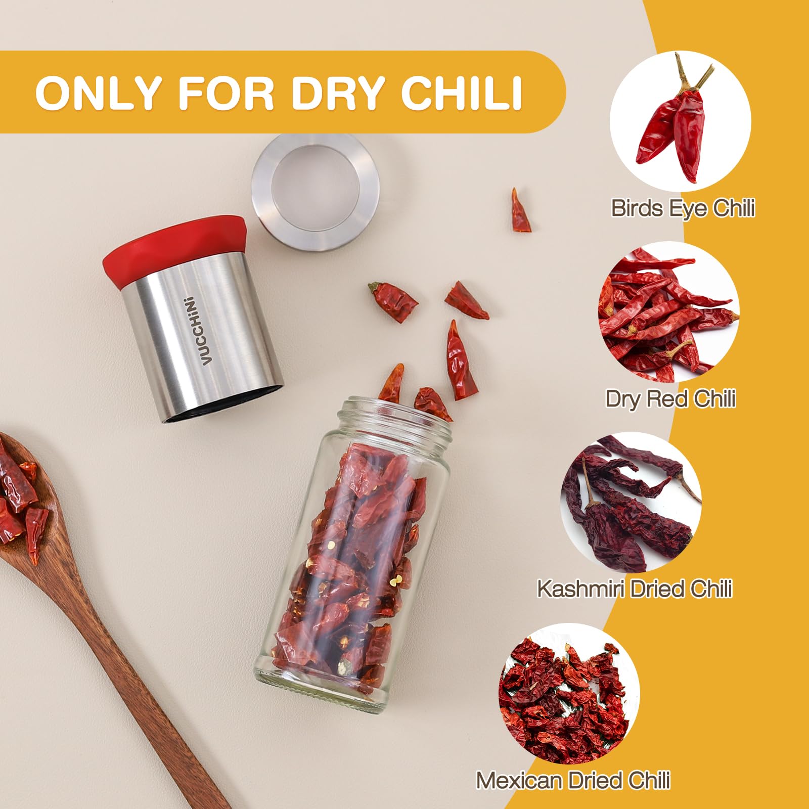 Vucchini Młynek do chili ze stali nierdzewnej i szkła, krajalnica chili do grubych przypraw i suchych chili, młynek do przypraw, młynek do ziół, mechanizm tnący