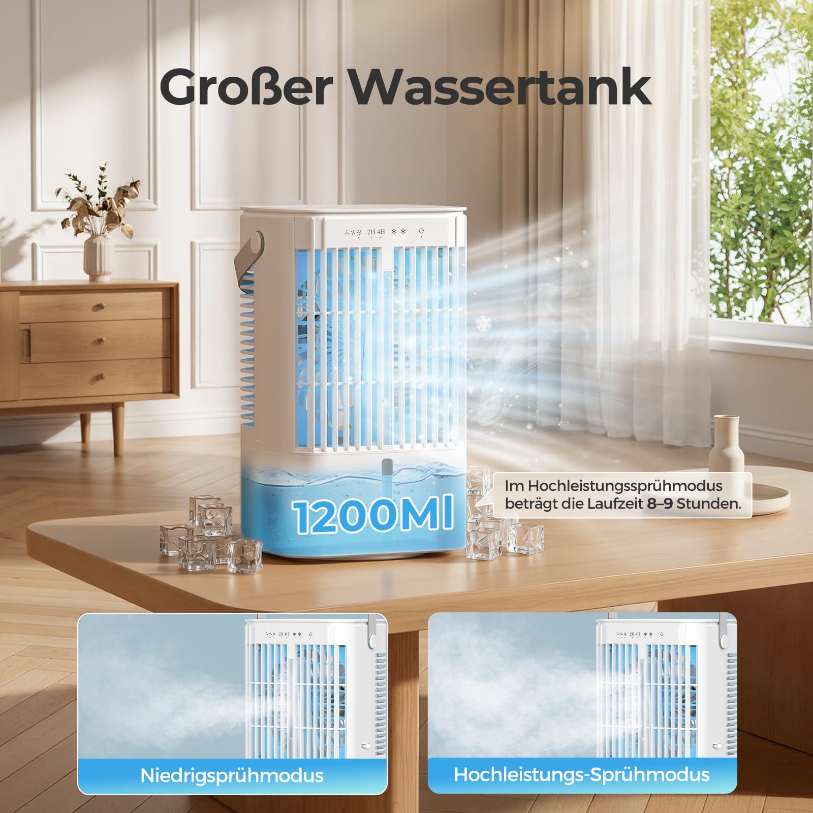 Mowend Mobilny mini klimatyzator 3 w 1, mały, ze zbiornikiem na wodę o pojemności 1200 ml, 3 poziomy prędkości, 2 tryby zimnej mgły, 7 kolorów z timerem 2/4h, idealny do domu i biura