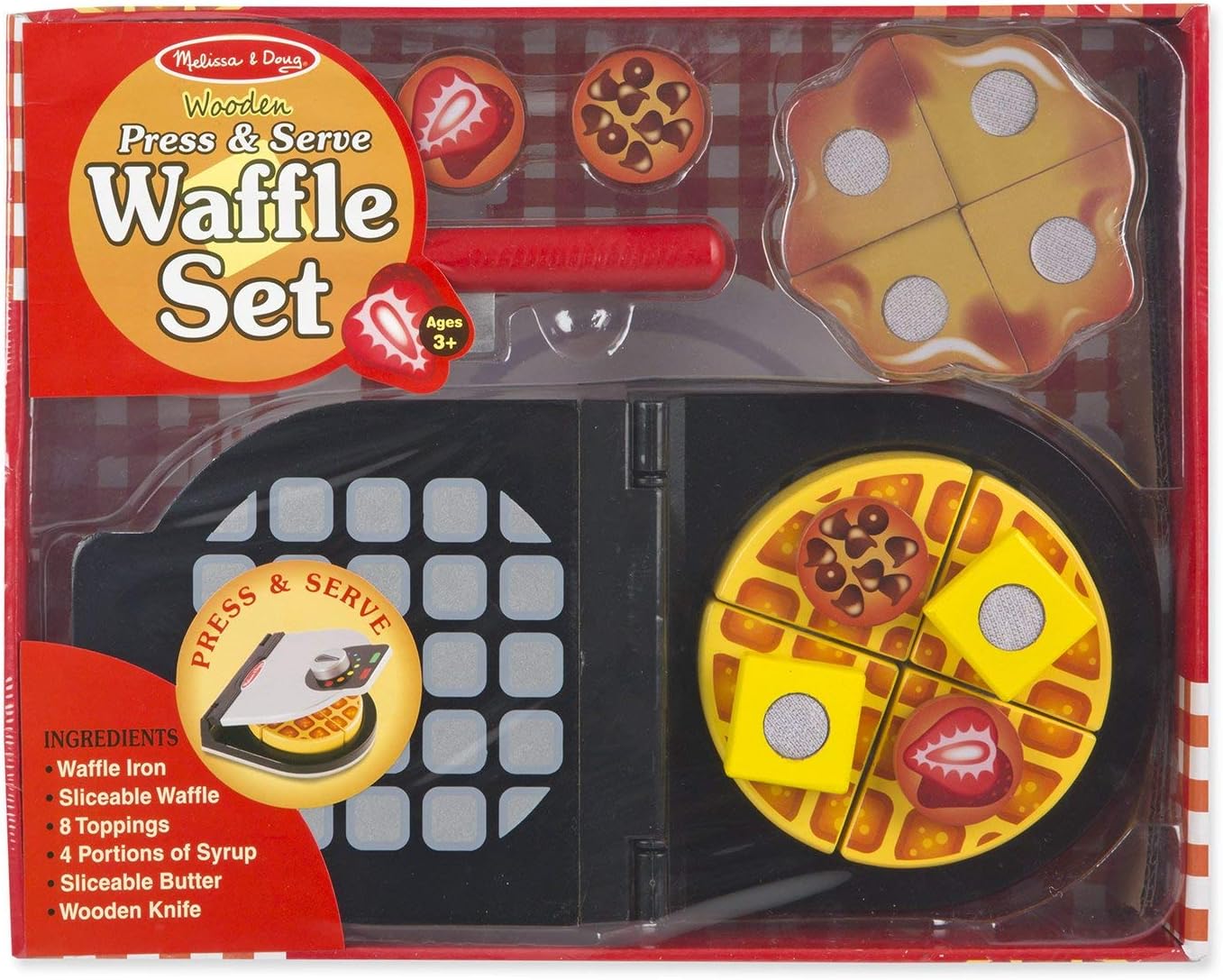Melissa & Doug Press and Serve Wooden Waffle Set (23 pcs) - Play Food and Kitchen Accessories