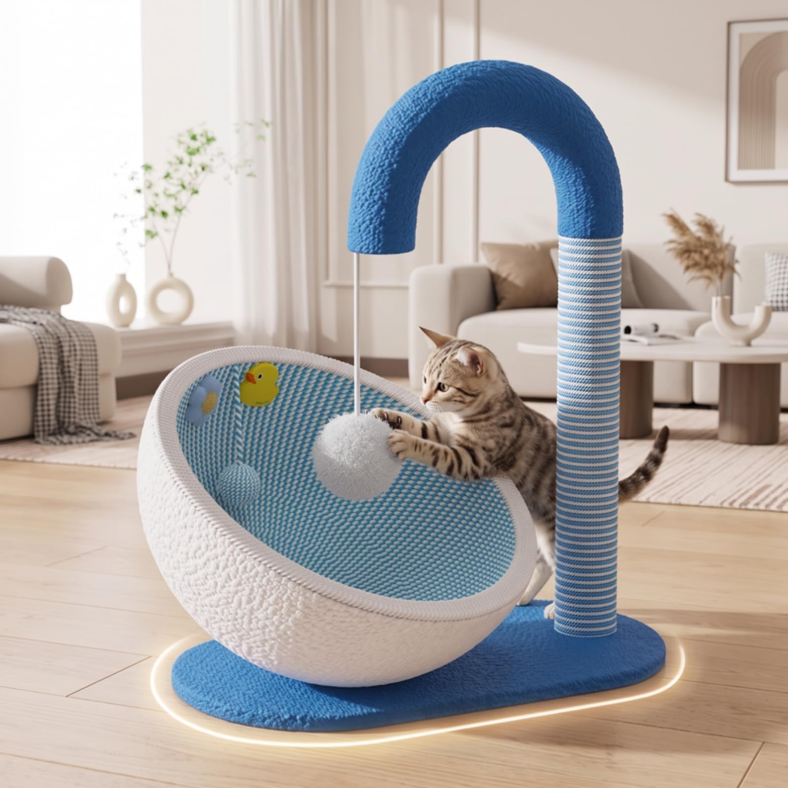 Cuccia Tiragraffi da Interno con Giochi Stabile per Gatti, Stile Carino, Tiragraffi Con Nido Per Gatti Integrato, Colore Blu