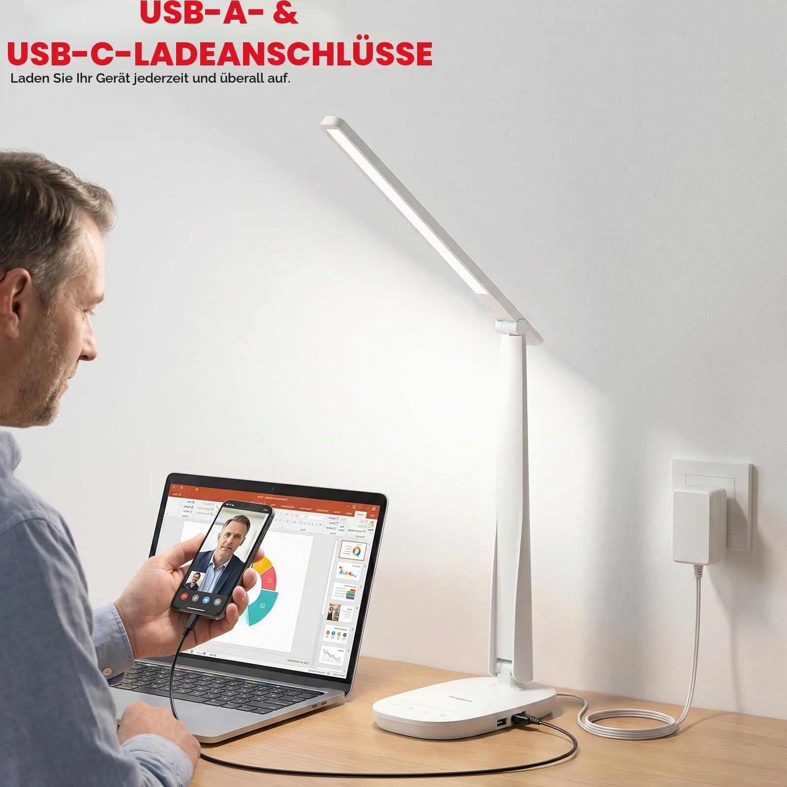 Honeywell LED Schreibtischlampe CRI94 Dimmbar für Lesen und Home office | Tischlampe mit Augenschutz,USB-A USB-C,Timer,4 Farbmodi,Touch-Steuerung, faltbare Leselampe für Schlafzimmer, Lektüre, Büros