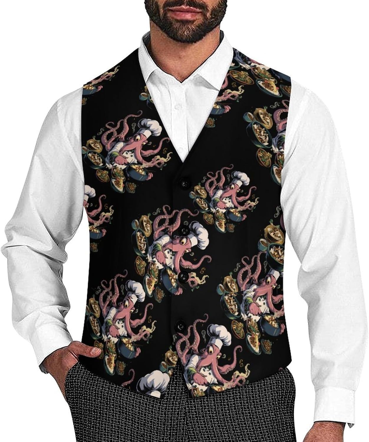 Octopus Chef Kitchen Cooking Men's Suit Vest Formal Vests Casual Dress Fit Waistcoat Casual Tuxedo for Business
