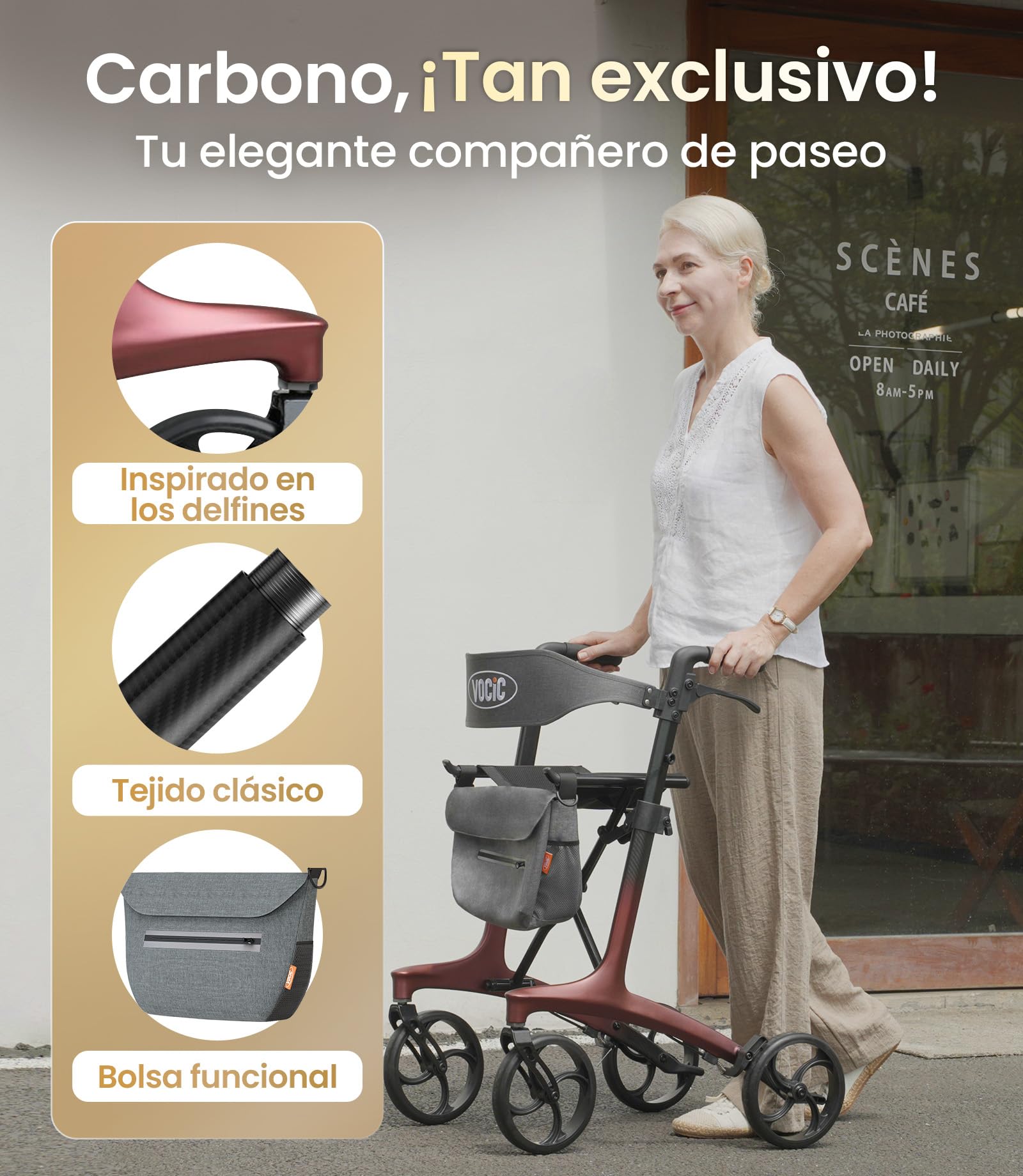 VOCIC Z75 Rollator carbono plegable ligero con asiento, 5,5 kg Ultraligero | andador plegable para ancianos con ruedas, Rollator estrecho interior & exterior, Max 136kg, 5 años de soporte, rojo