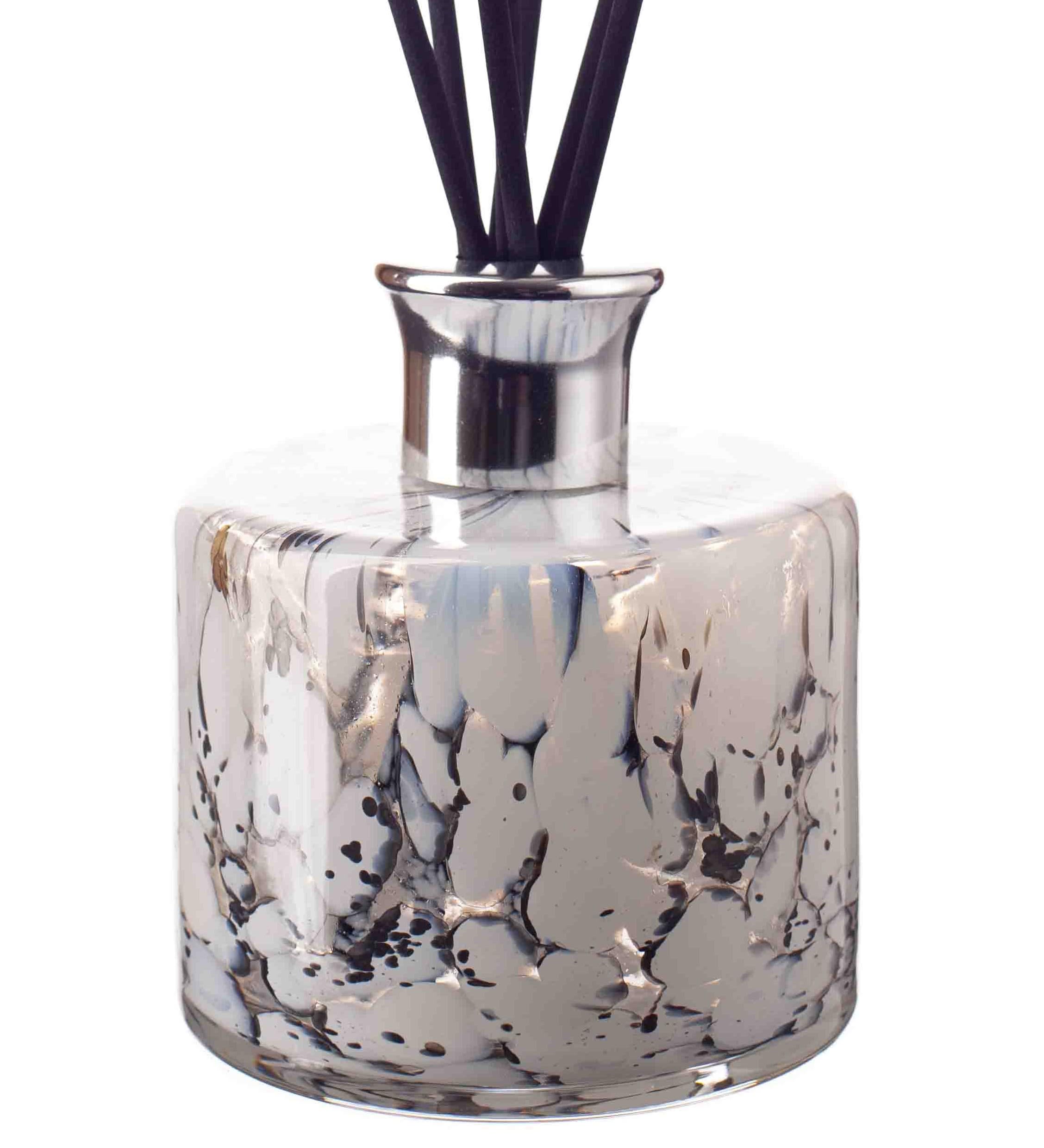 Mouth Blown Glass Reed Diffuser, Cylinder Shape, 11cm Height x 11cm Width Clear, Pearl White and Brown (Lunar Drift)