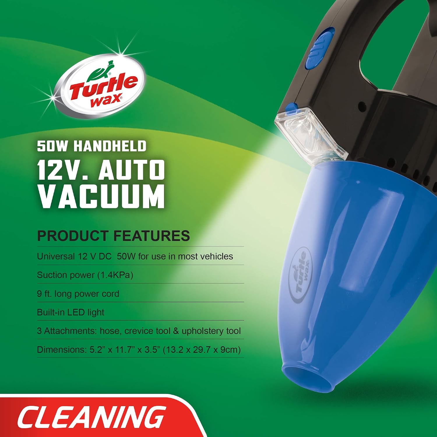 Turtle Wax Handheld Auto Vacuum Cleaner with LED Light, DC 12V (Vehicle Use Only), Blue/Black