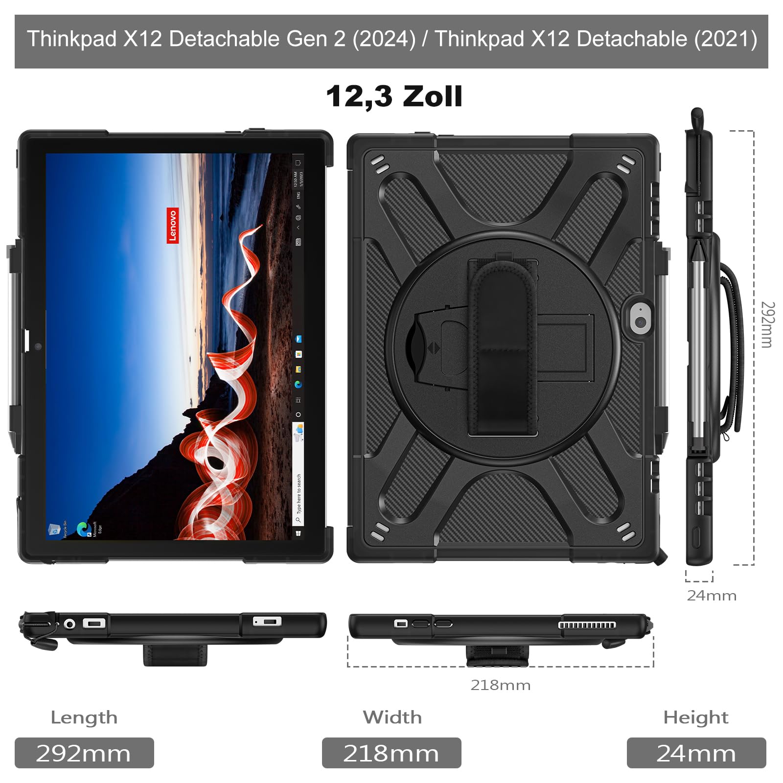 Junfire Funda para Lenovo ThinkPad X12 Detachable Gen 2/ThinkPad X12 12,3 Pulgadas 2024/2021, Funda con Soporte Giratorio, Correa de Mano, Correa de Hombro y portalápices Compatible con Teclado-Negro