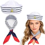 2PCS Sailor Ship Cap Scarf,White Captain Hat with Sailor Scarf,Sailors Cap Costume Accessories for Men Women Captain Dressing up Party