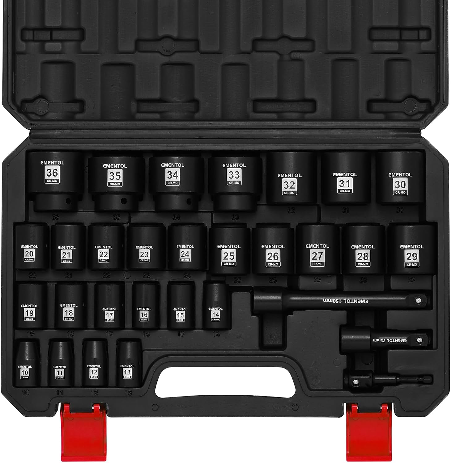EMENTOL 30PCS 1/2" Drive Shallow Impact Socket Set, Metric, 10mm - 36mm, CR-MO, 6 Point, Includes 3-inch and 6-inch Imapct Extension Bars, 1/4"-1/2" Drill Adapter