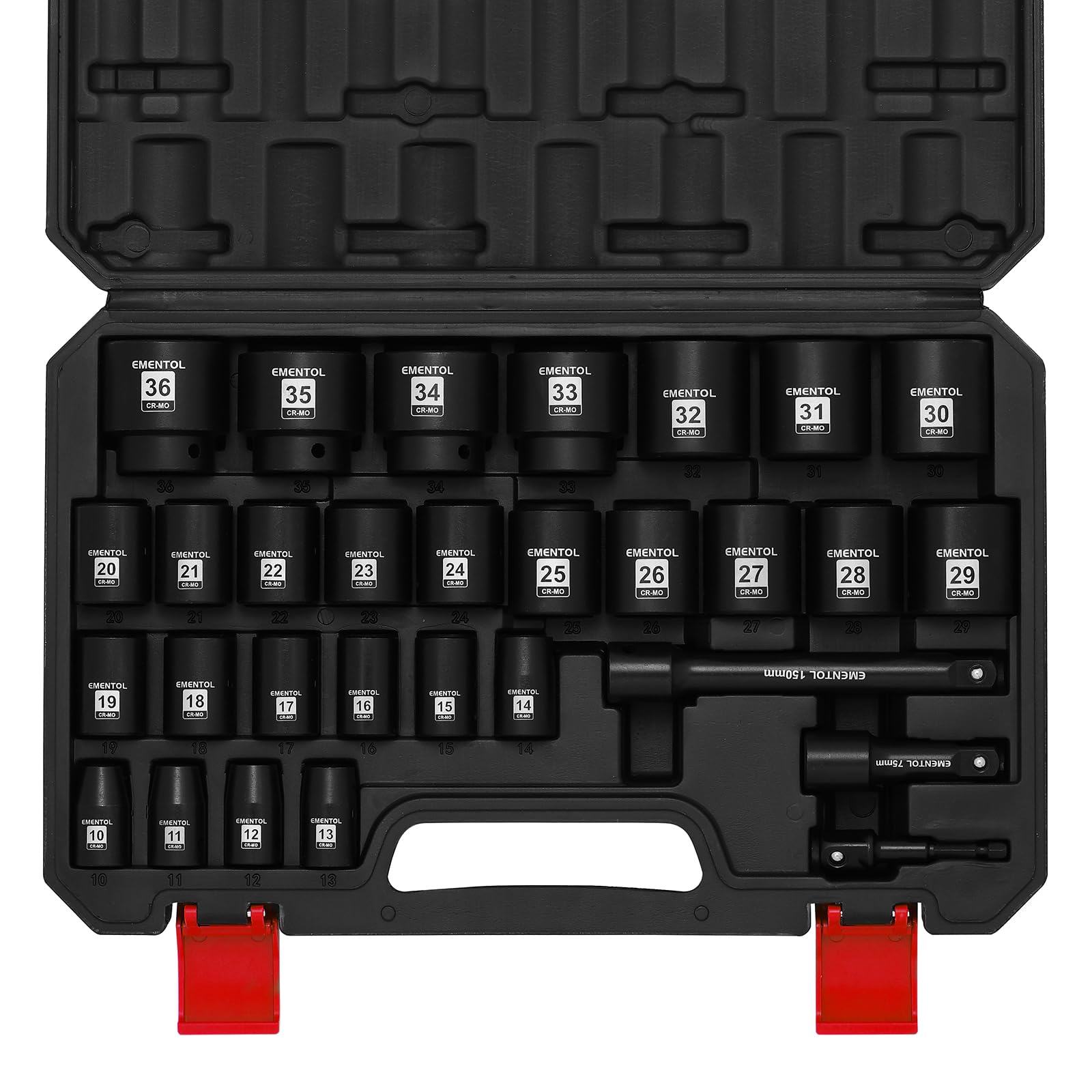 EMENTOL Juego de 30 llaves de impacto estándar de 1/2 pulgada, CR-MO, métrico, 10 mm a 36 mm, incluye barras de extensión Imapct de 3 y 6 pulgadas, adaptador de taladro de 1/4 a 1/2 pulgadas