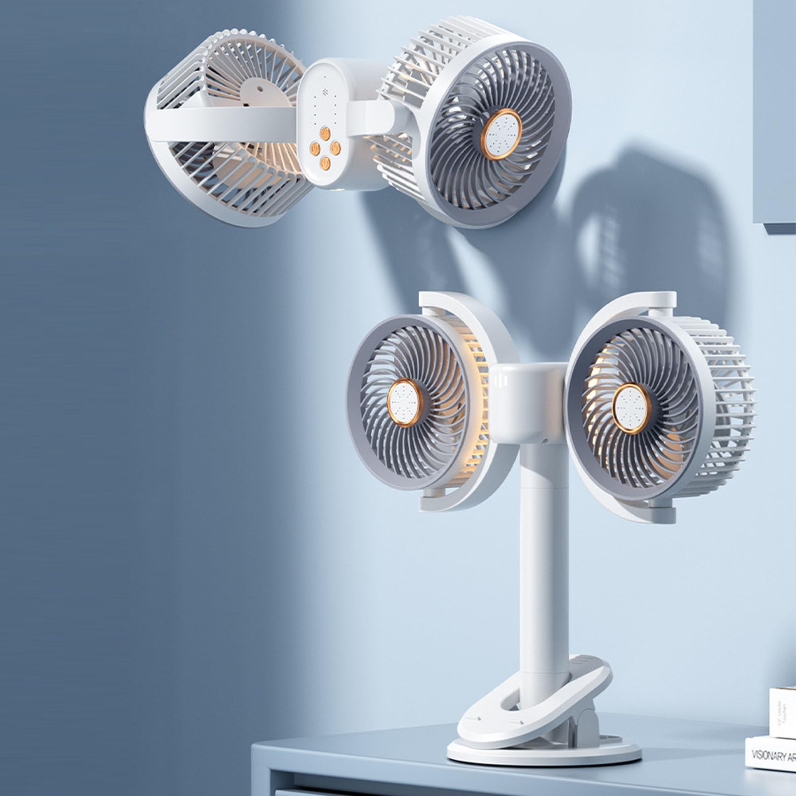 Ventilatore da Tavolo Ricaricabile con Doppia Testa, 2400mAh con | Ventilatore portatile con clip personale, ricaricabile tramite USB, ruotabile a 360°, per auto, letto, ufficio, campeggio,