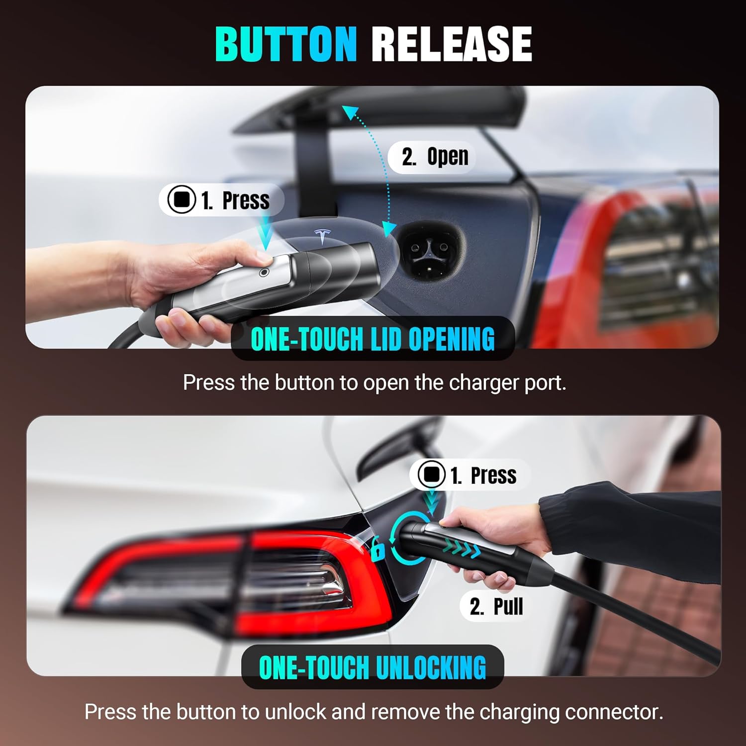 NEMA 5-15P and NEMA 14-50P plugs for Level 1 and Level 2 charging
