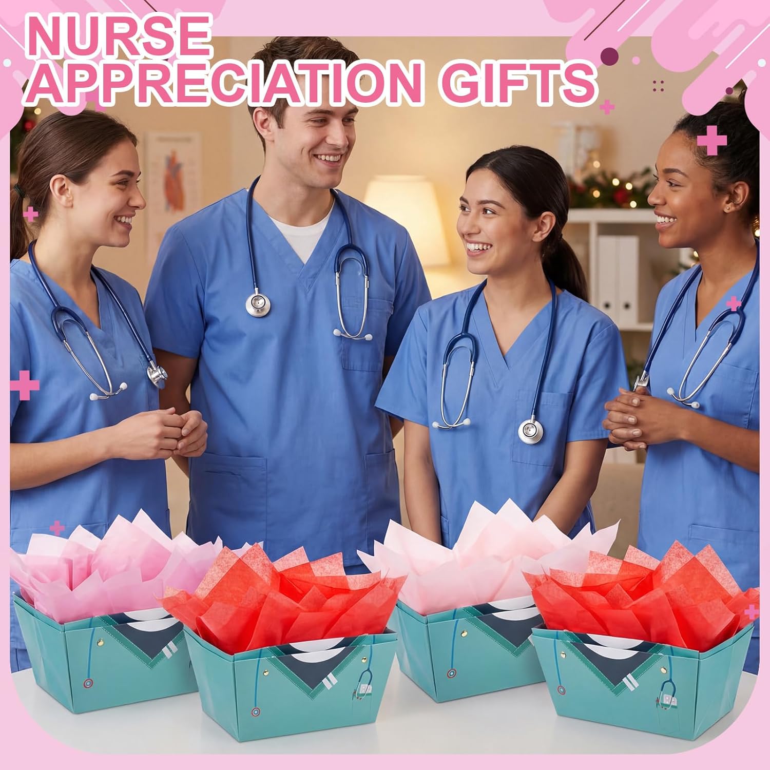 Supervitae 60 Pcs Nurse Gift Baskets Bulk with Handles, Empty DIY Paper Gift Basket Kit with Tissue Paper, Appreciation Gifts Baskets Treat Bag for Nursing, Nurse Week Graduation Party Supplies(Blue)