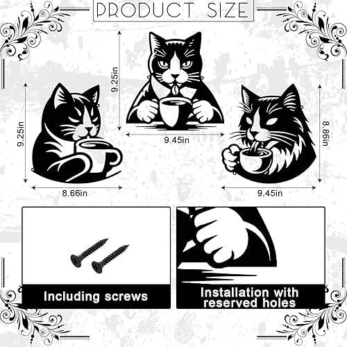 Miniatura 3 de Kathfly 3 piezas retro de metal negro gato decoración de pared con temática de café arte de pared gato bebida café carteles café bar decoración