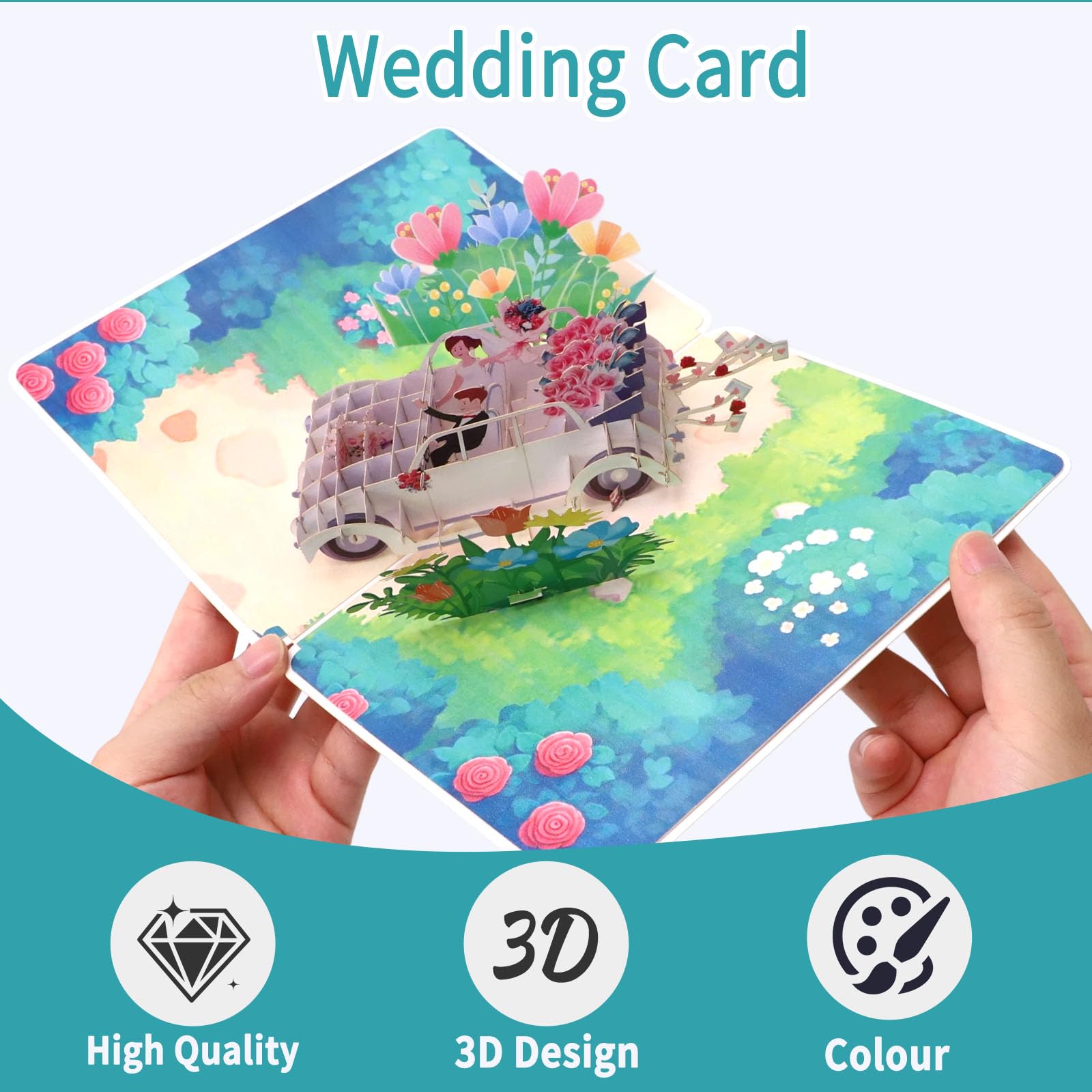 DOINEUFL 3D Pop Up Wedding Card Car, Just Wedding Cards for Bride and Groom Anniversary Card - Image 3