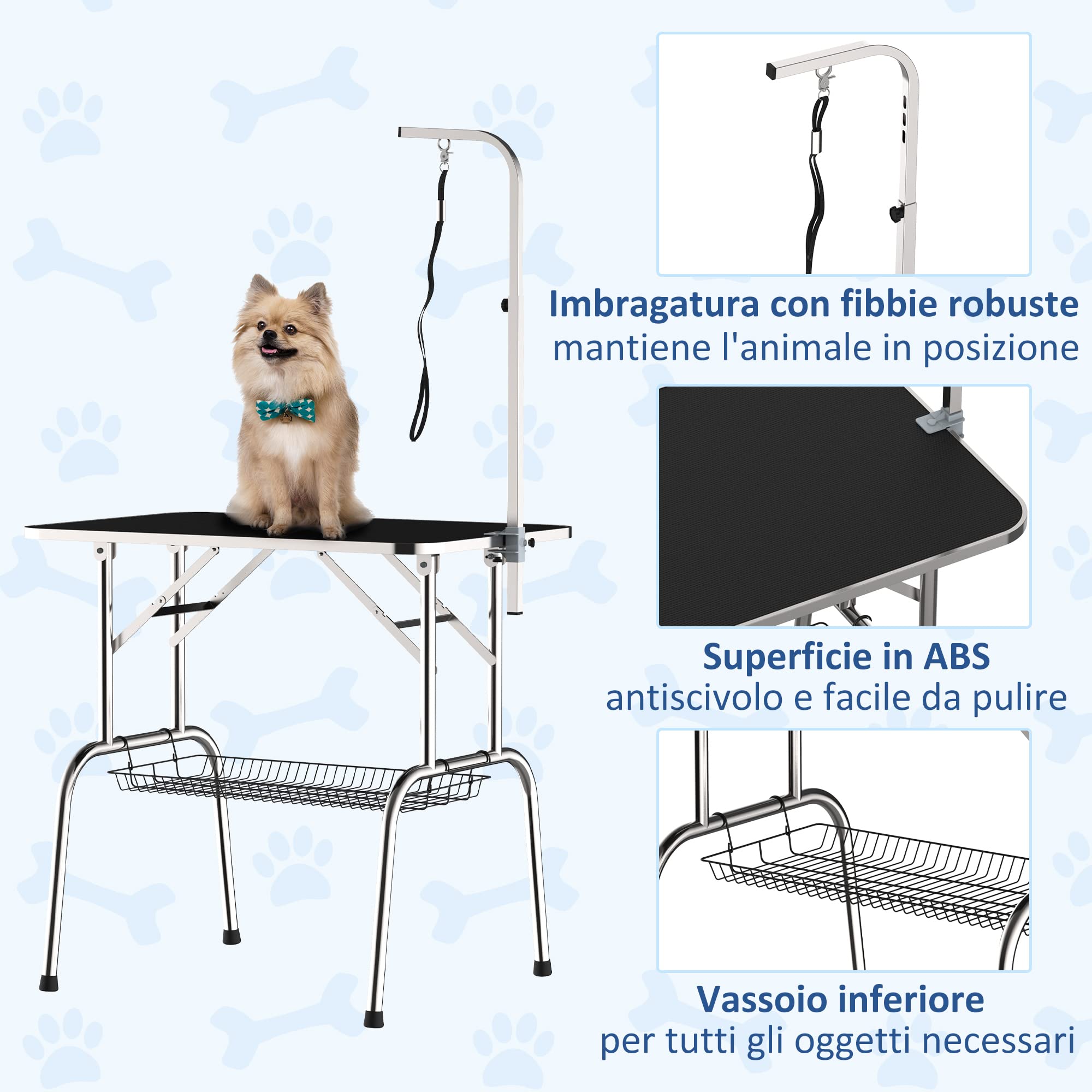 PawHut Tavolo da Toelettatura e Tosatura con Ripiano e Gambe Pieghevole | per Cani, Gatti e Animali, Gambe in Acciaio Inox, Carico 150kg, 90x60x75cm