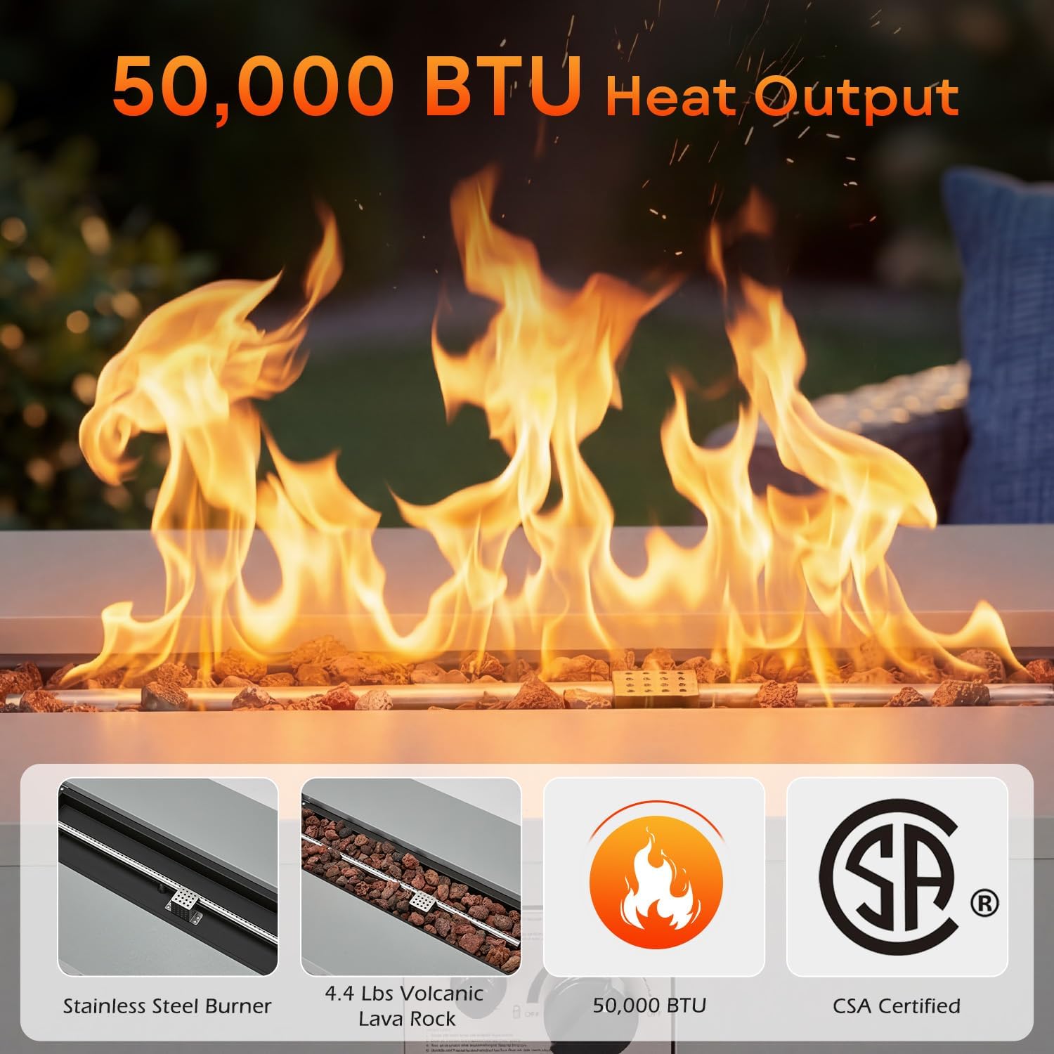 ECOTOUGE 42" Rectangular Propane Fire Pit Table, 50,000 BTU Outdoor Gas Fire Pit with Lid, Steel Fireplace w/Weather-Resistant Pit Cover, Lava Rocks for Patio, CSA Certified, Grey