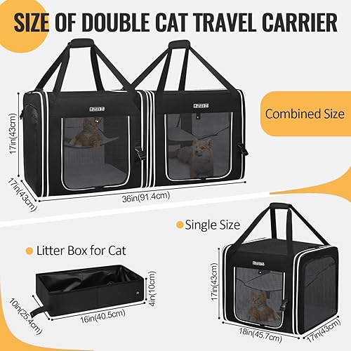 Miniatura 2 de Petskd Portador portátil doble para mascotas 2 en 1, jaula de viaje para gatos de 36 x 17 x 17 pulgadas, doble grande con caja de arena, jaula de