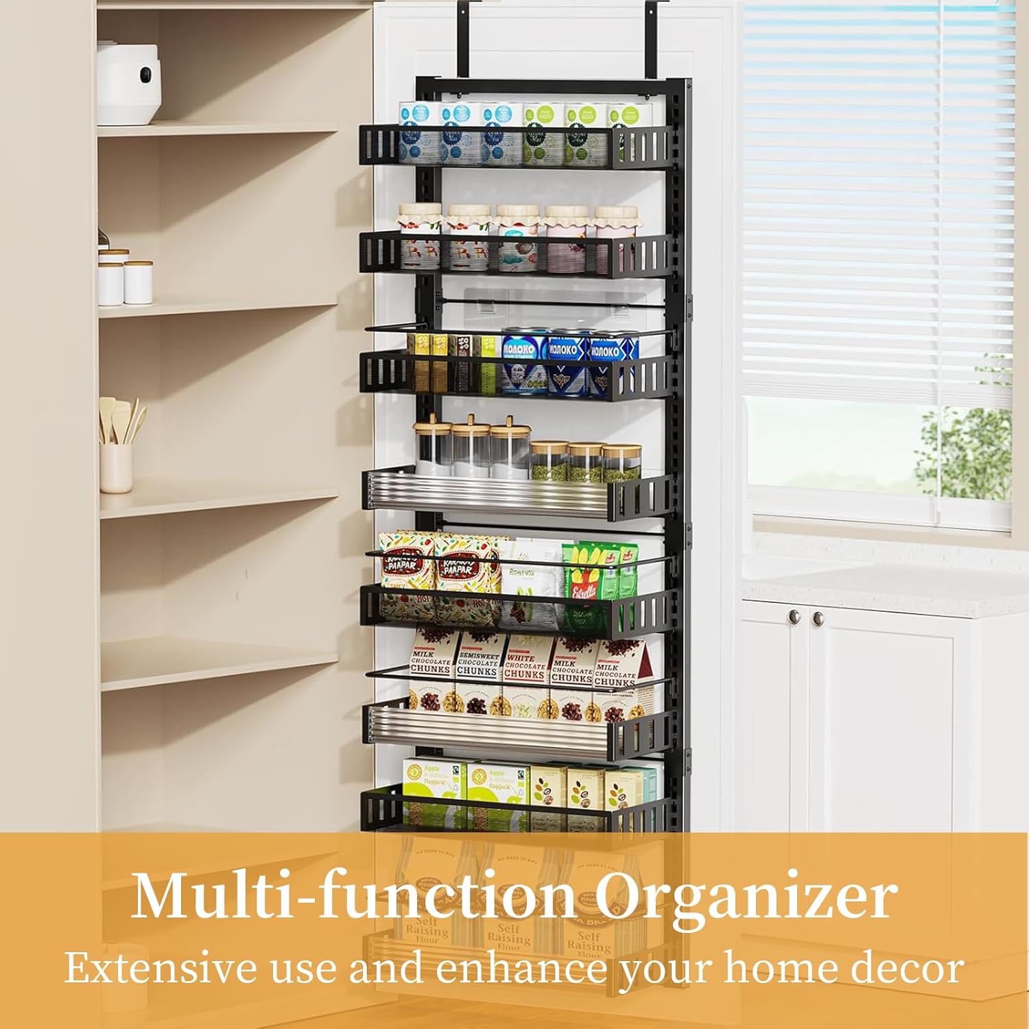 6-story door mounted cutlery storage rack, large metal door seasoning rack with adjustable basket, 2-in-1 wall mounted kitchen cutlery door storage rack, black