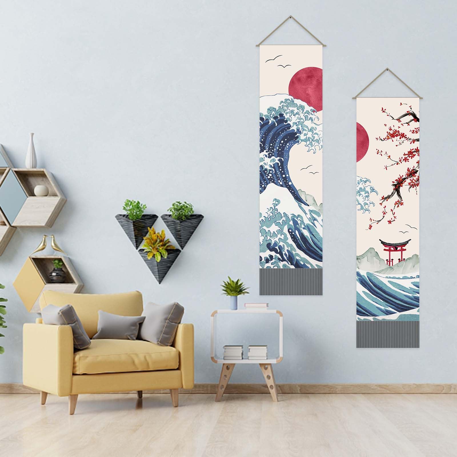 AHANDMAKER Confezione da 2 arazzi giapponesi con onde dell'oceano, sole rosso e onde e fiori di ciliegio rossi, arazzo con nappe per camera da letto, 33 x 130 cm