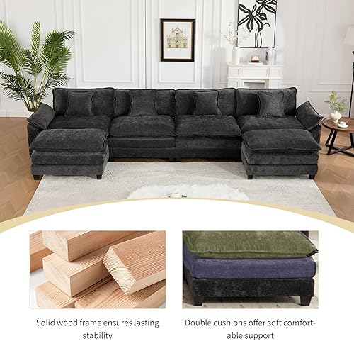 Miniatura 6 de Sofá seccional modular negro de 117.3", sofás seccionales grandes de 3 asientos para sala de estar, sofá nube oversized de tela chenille con Negro