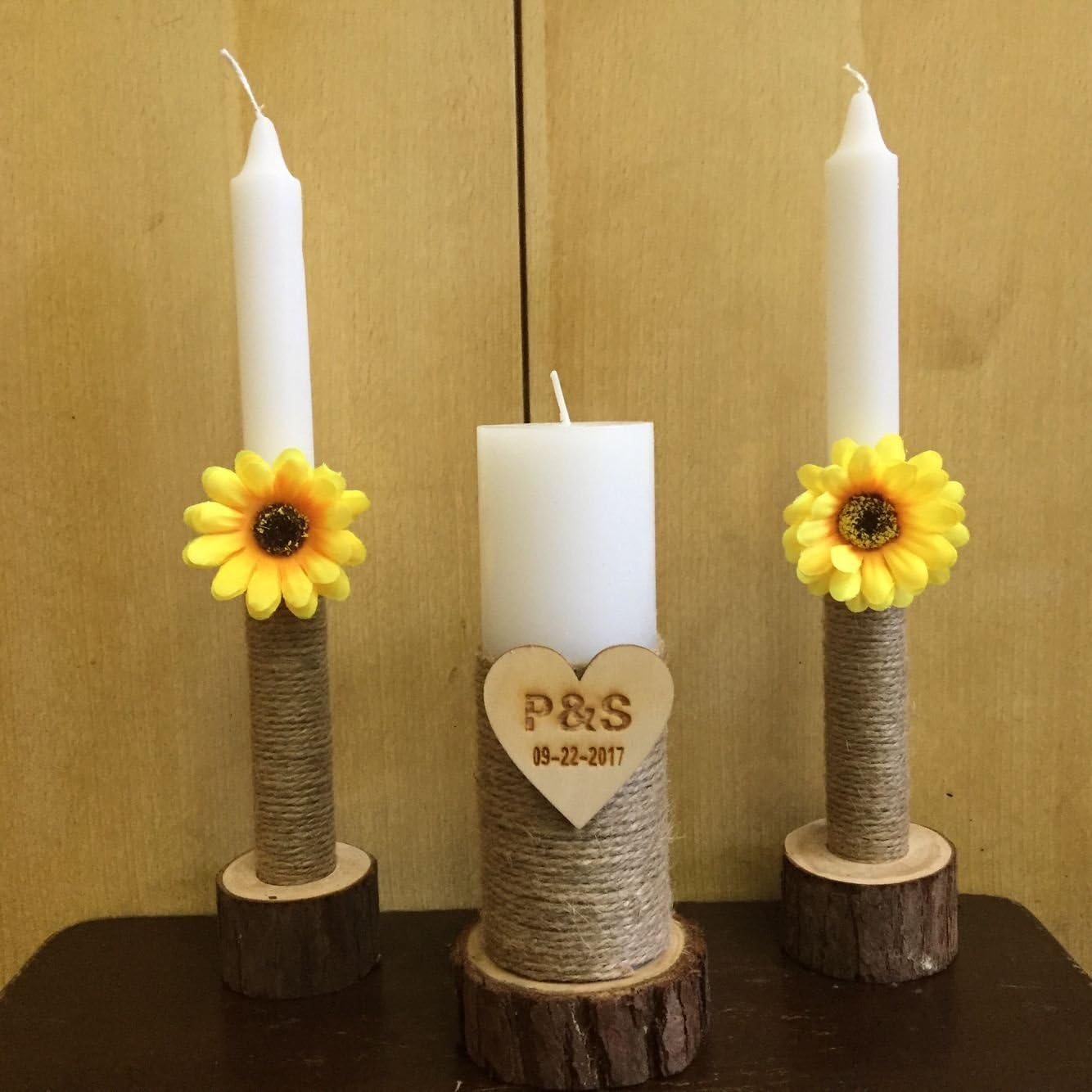 Personalized Unity Wedding Candle, Custom Wedding Candles with Wood Candle Holders, Rustic Wedding Candles, Unity Candle Holder Shabby Chic Wedding Decor Sunflower Decor