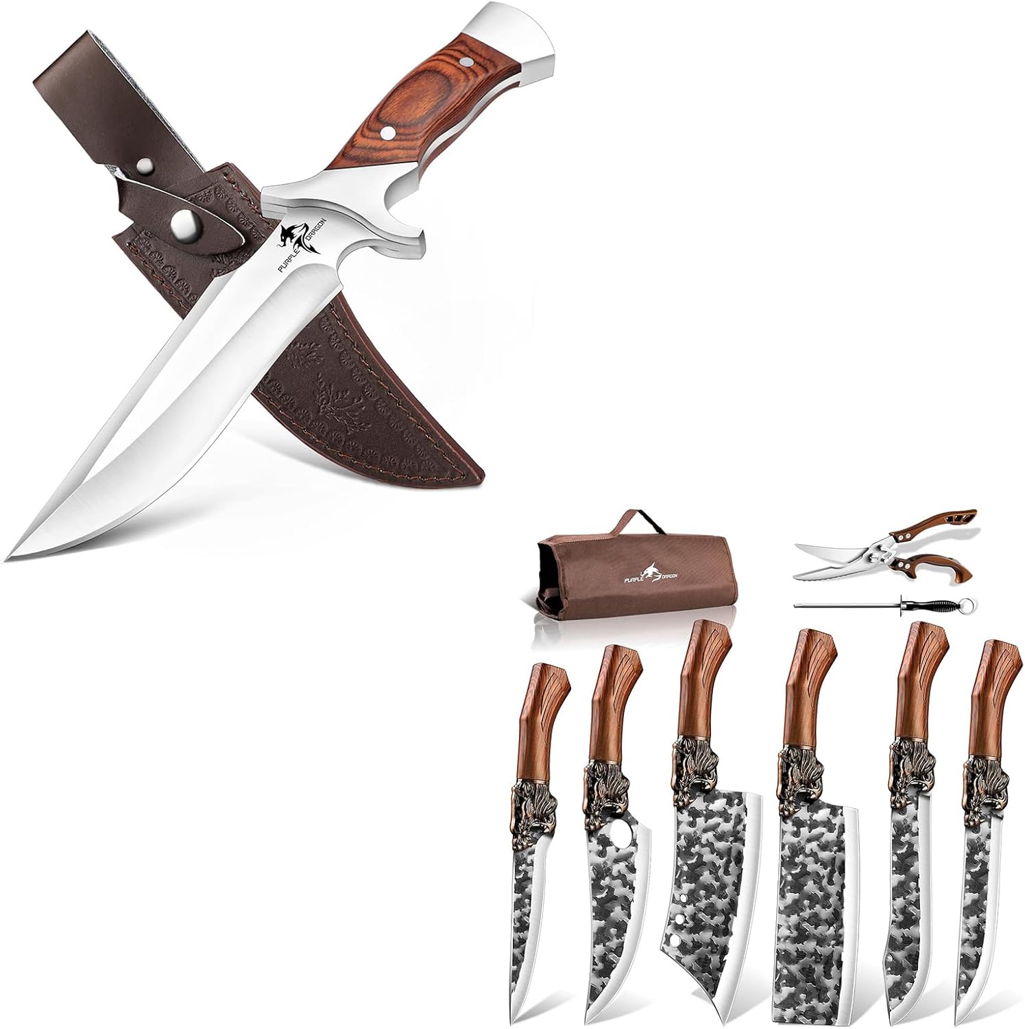 Purple Dragon Butcher Knife Set Tiger-Head Bundle with a Camping Fixed Blade Knife, 8 PCS Japanese Chef Knife Set with Roll Bag, Hand Forged Meat Cleaver Boning Viking Knives, Gift for Men