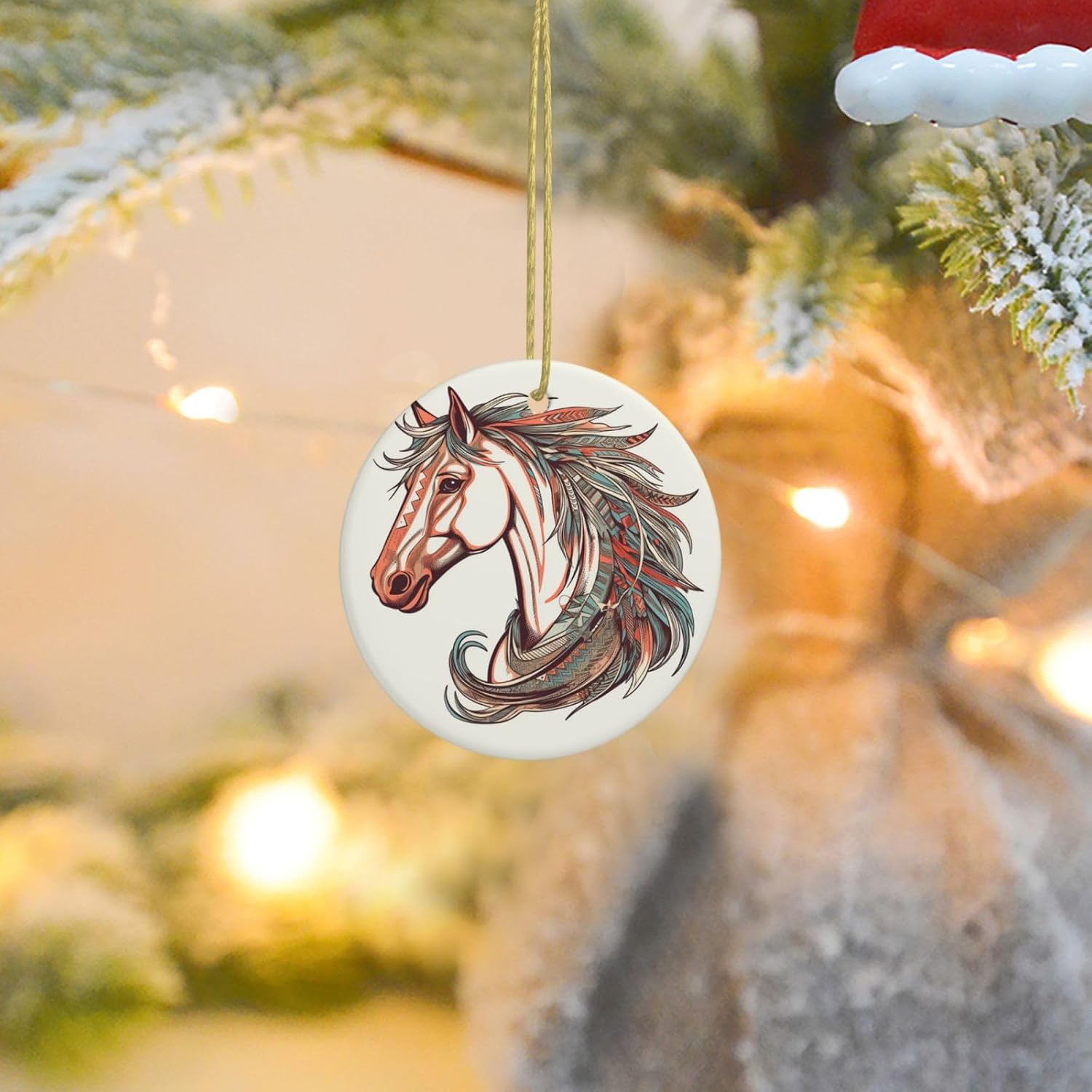 Cupid Arrow Love Horse Christmas Ornament Round Ceramic Hanging Ornaments for Christmas Tree Holidays Ornaments with Gold Rope Hanging Porcelain Pendants for Party Xmas Decoration