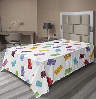 Ambesonne Dessert Flat Sheet, Vibrant Colored Gummy Bears Candies Delicious Jelly Sugary Snack Chewy Taste, Soft Comfortable Top Sheet Decorative Bedding 1 Piece, Twin Size, Purple Blue