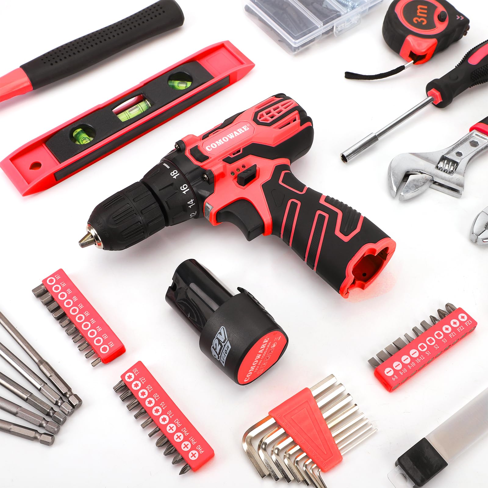 COMOWARE Kit di attrezzi per la casa da 169 pezzi con trapano elettrico senza fili da 12 V, multi-task per riparazioni e manutenzione fai da te, borsa rossa inclusa