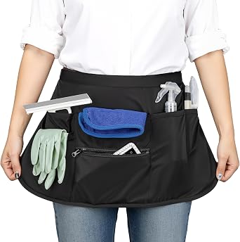 6-Pocket Cleaning Apron with Buckle, Splash-Proof Cleaning Caddy Aprons | Professional Utility Apron for Cleaning Services, Stain Resistant Housekeepers Waist Belt Server Apron, Black Half Apron