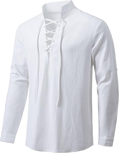 Miniatura 6 de Camisas de manga larga para hombre, estilo retro, con cordones para disfraz medieval, vikingo, hippie, Halloween, cosplay, pirata, renacentista