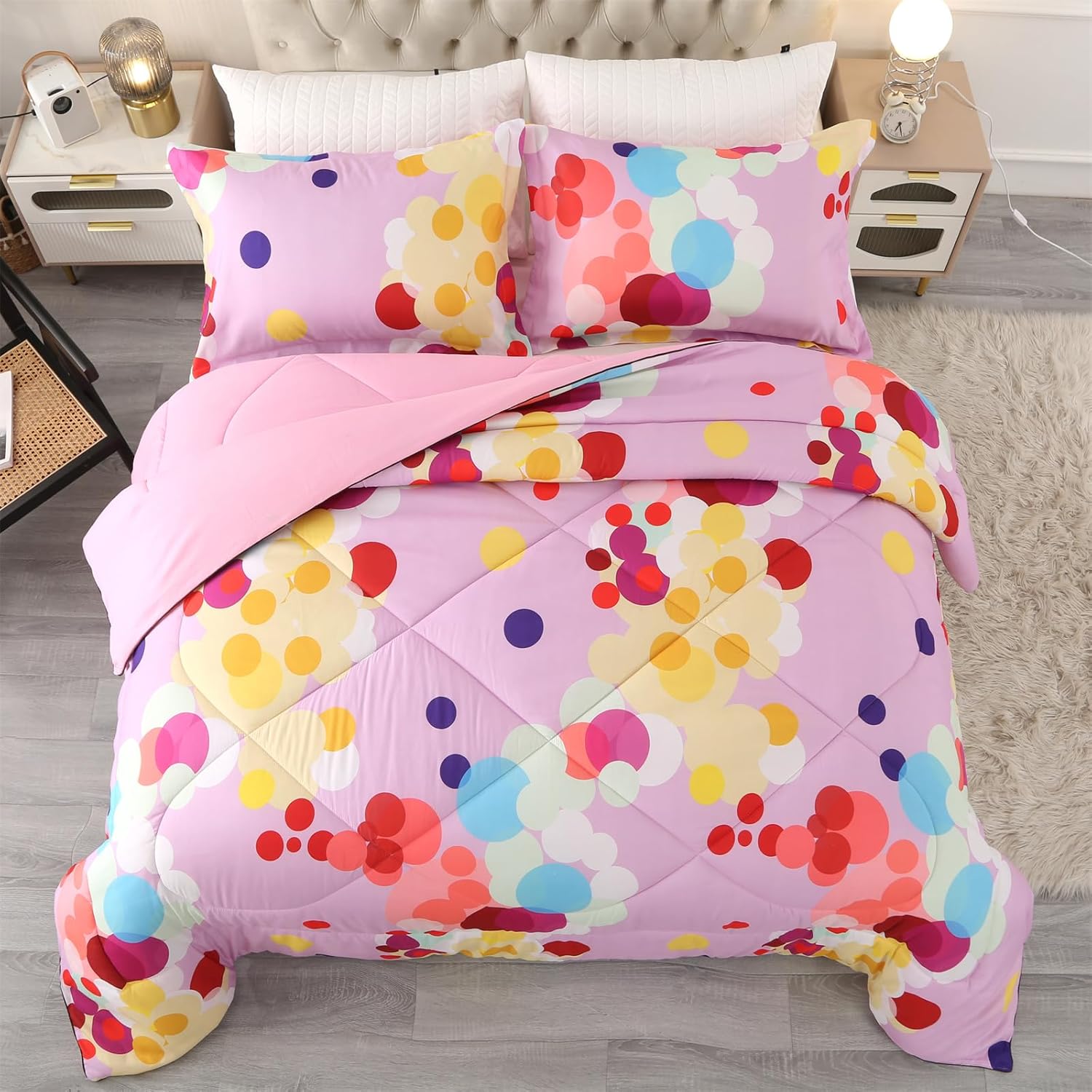 ENCOFT Pink Twin Comforter Set for Girls 3 Piece Colorful